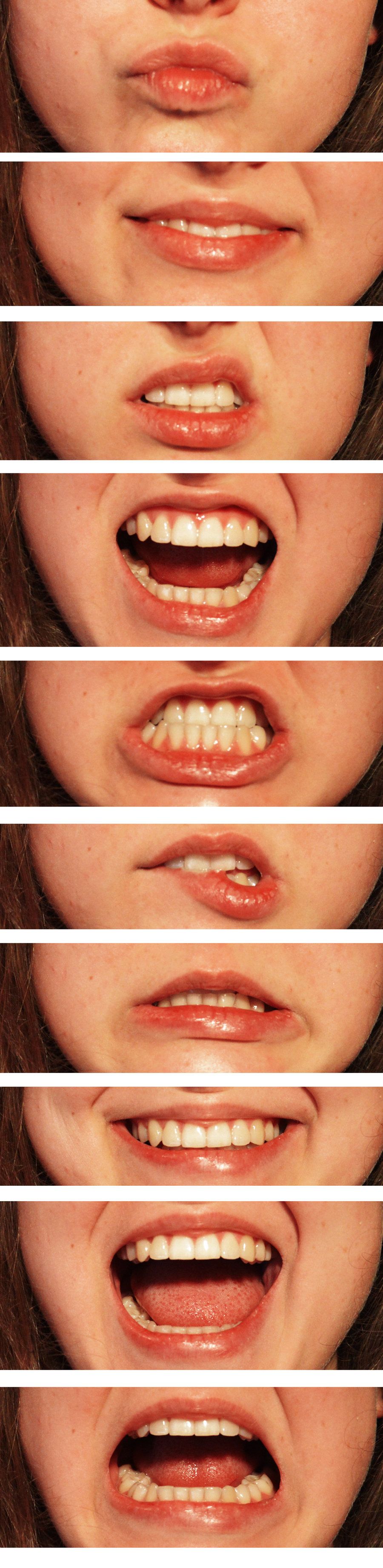 the image is a vertical collage of closeup photos of a woman's mouth.  each photo shows her mouth in a different position, showcasing a range of expressions from a closed mouth to a wideopen smile. the focus is solely on the lips and teeth, with the rest of her face cropped out. the lighting is soft and diffused.