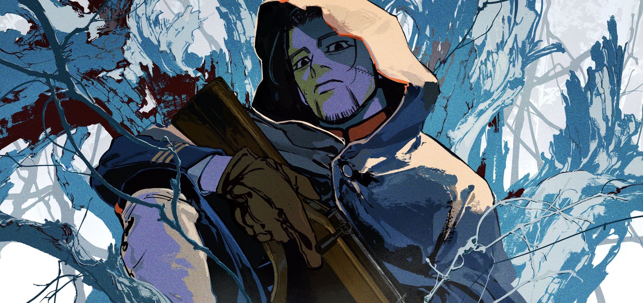 a lowangle illustration featuring a man in a hooded cloak, wielding a long firearm within a stylized forest setting. the art style emphasizes sharp lines, bold color blocks, and a dynamic composition with winding branches framing the central figure. the man's stern expression and scarred face hint at a life of hardship and adventure.