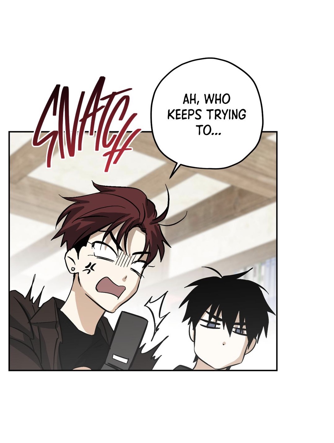 the image is a panel from a manga or manhwa comic. it shows two young men. one has maroon hair and is holding a microphone, appearing angry and frustrated. the other has black hair and looks annoyed. a speech bubble above them says "ah, who keeps trying to..."  the overall style is a clean line art with light shading.