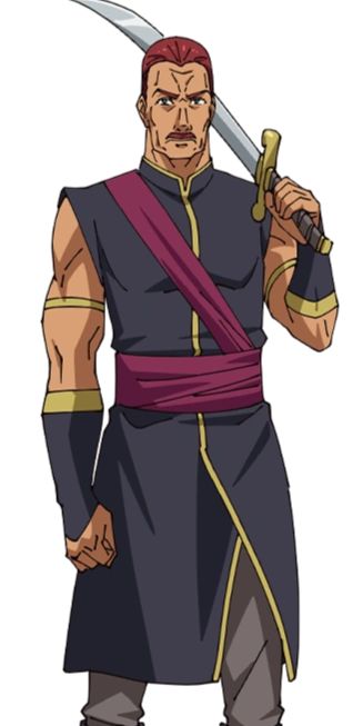 this is a digital illustration of a male anime character. the character has red hair, brown eyes, and is wearing black clothes with gold trim. he has a serious expression, and is holding a sword in his right hand.  the background is white.