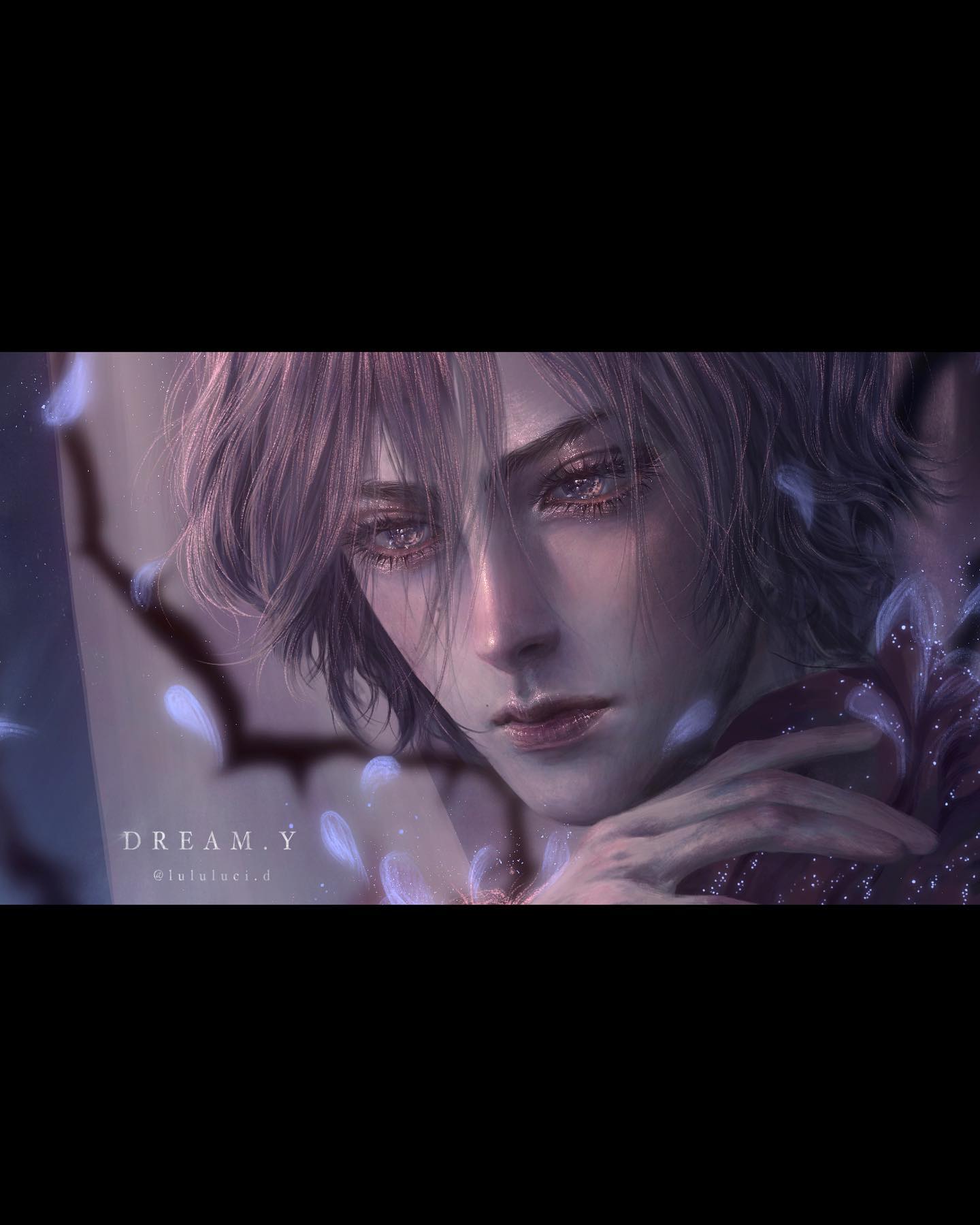 a digital illustration of a young man with long, flowing, lavendertoned hair and sparkling gold eyes. he is surrounded by soft, glowing, blue and purple feathers. the lighting is soft and ethereal, giving the image a dreamy and mysterious atmosphere.