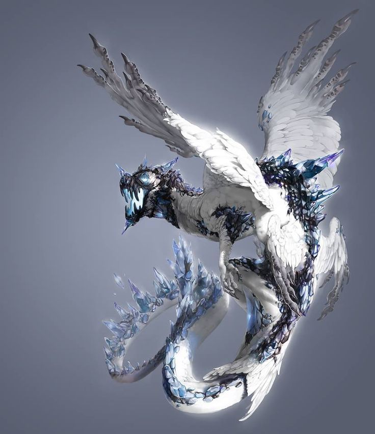the image shows a digitally rendered, white winged dragon with blue crystal accents. it has large feathered wings, crystalline spikes along its back and tail, sharp claws, and fearsome teeth. the dragon appears to be floating or flying against a muted grey background. its design suggests a magical or fantastical creature.
