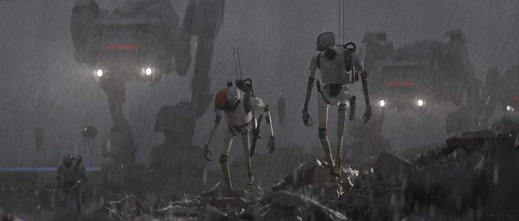 the image depicts a scene from a science fiction setting, possibly a postbattle scenario. two droids or androids, appearing somewhat battered, walk through a rainswept landscape littered with debris. in the background, larger, atstlike walkers loom, suggesting a recent conflict. the overall mood is dark, atmospheric, and desolate. the color palette is primarily grey, contributing to the bleak ambiance. the rain adds to the sense of desolation and emphasizes the harshness of the environment.