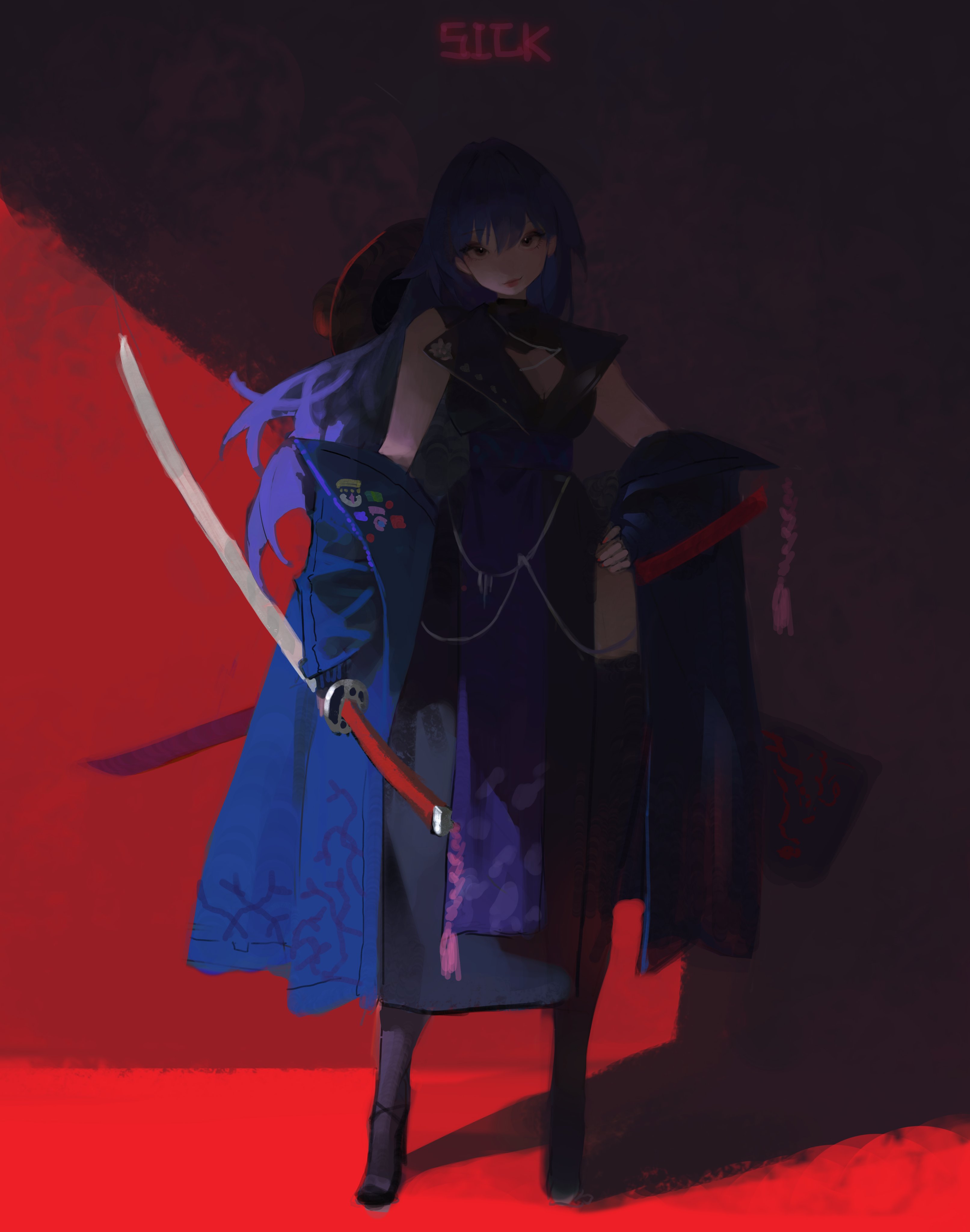 a digitally illustrated artwork featuring a girl with blue hair and red eyes. she is wearing a stylish and detailed outfit with a long blue coat that features intricate patterns. she is holding a katana sword in her right hand. the background is red and black, creating a dramatic contrast that highlights the character.  the lighting on her suggests a spotlight effect, emphasizing the girl as the focal point. overall, it’s a dynamic and visually appealing piece with a cool and edgy feel.