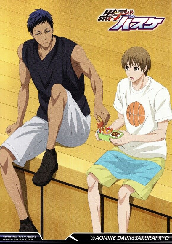 this is a colorful illustration of two anime characters sitting on a yellow bench, one wearing a black tank top and white shorts and the other wearing a white shirt with a basketball graphic and a pair of blue and yellow shorts. the one on the left has black hair, green eyes, and is smiling. the one on the right has brown hair and blue eyes and looks like he's grinning. the character on the left has one hand on the bench and the other one is reaching for a lunchbox that the character on the right is holding. there is the title of the anime kuroko no basuke in japanese lettering above the characters.  the title aomine daiki & sakurai ryo is written in white at the bottom of the image.
