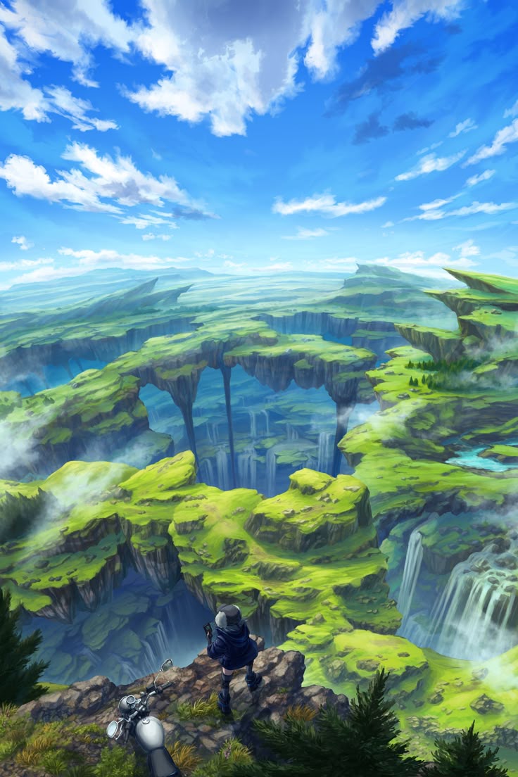 an anime landscape with a green canyon and waterfalls. a person stands on a cliff next to a motorcycle, looking out at the view. the sky is blue with white clouds.