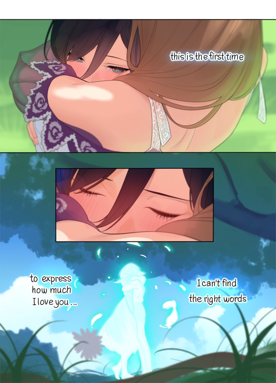 the image shows a girl hugging another girl tightly. the scene evokes a sense of deep love and affection, as if it's the first time they are expressing their feelings so openly. there's a ghostly figure in the background, suggesting a bittersweet element to their connection. the soft lighting and pastel color palette enhance the tender and emotional atmosphere of the scene.
