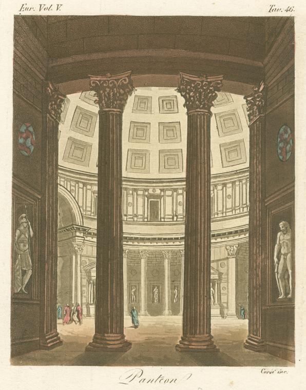 the image is a drawing or painting of the interior of the pantheon in rome. the perspective shows the viewer standing near the entrance of the building. the large, fluted brown columns lead the eye to the high coffered dome. the architecture of the building is detailed and includes a surrounding collonade with small statues within the structure. figures are present within the space suggesting it is an occupied space. two large statues are featured flanking the area where the viewer stands, and a stained glass window can be seen on the left. the colors used in the piece are browns, grays, and tans. text at the top of the image reads "eur. vol. v." and "tav. 46." the word "pantheon" is written at the bottom.
