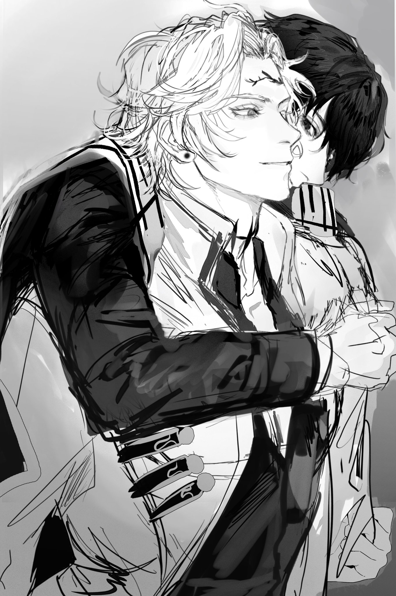 a black and white anime drawing of two young men embracing. the man in the foreground is facing the camera, he is wearing a suit jacket and has white hair. the man in the background is wearing a white jacket, his hair is black, and he has his head on the shoulder of the man in the foreground.  they are both looking at each other with a loving expression.  their hands are interlocked.