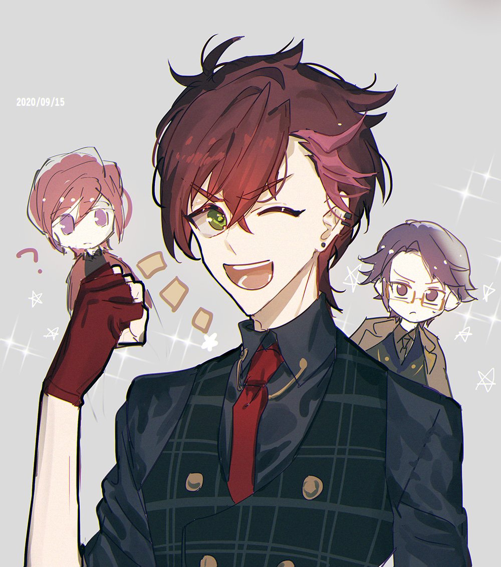 the image is an anime style illustration of three male characters. the main character is a young man with red hair and green eyes. he is wearing a black plaid suit with a black tie and a red tie. he is winking and smiling. he is holding a small pink character in his hand. there is a small gray character with glasses in the background. the background is a light gray color with white stars. the image is drawn in a cartoon style.