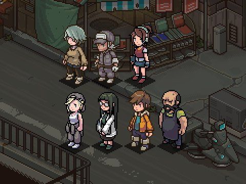 the image shows a pixel art scene of a street with several characters standing on the sidewalk. there's a woman with grey hair, a person wearing a cap and overalls, a girl with headphones, a blonde girl wearing a cap, a girl with glasses, a boy in a yellow jacket, and a bearded man in overalls. in the background, there is a shelf full of books, a trash can, a manhole, and a futuristiclooking motorcycle. the setting appears to be an urban environment.