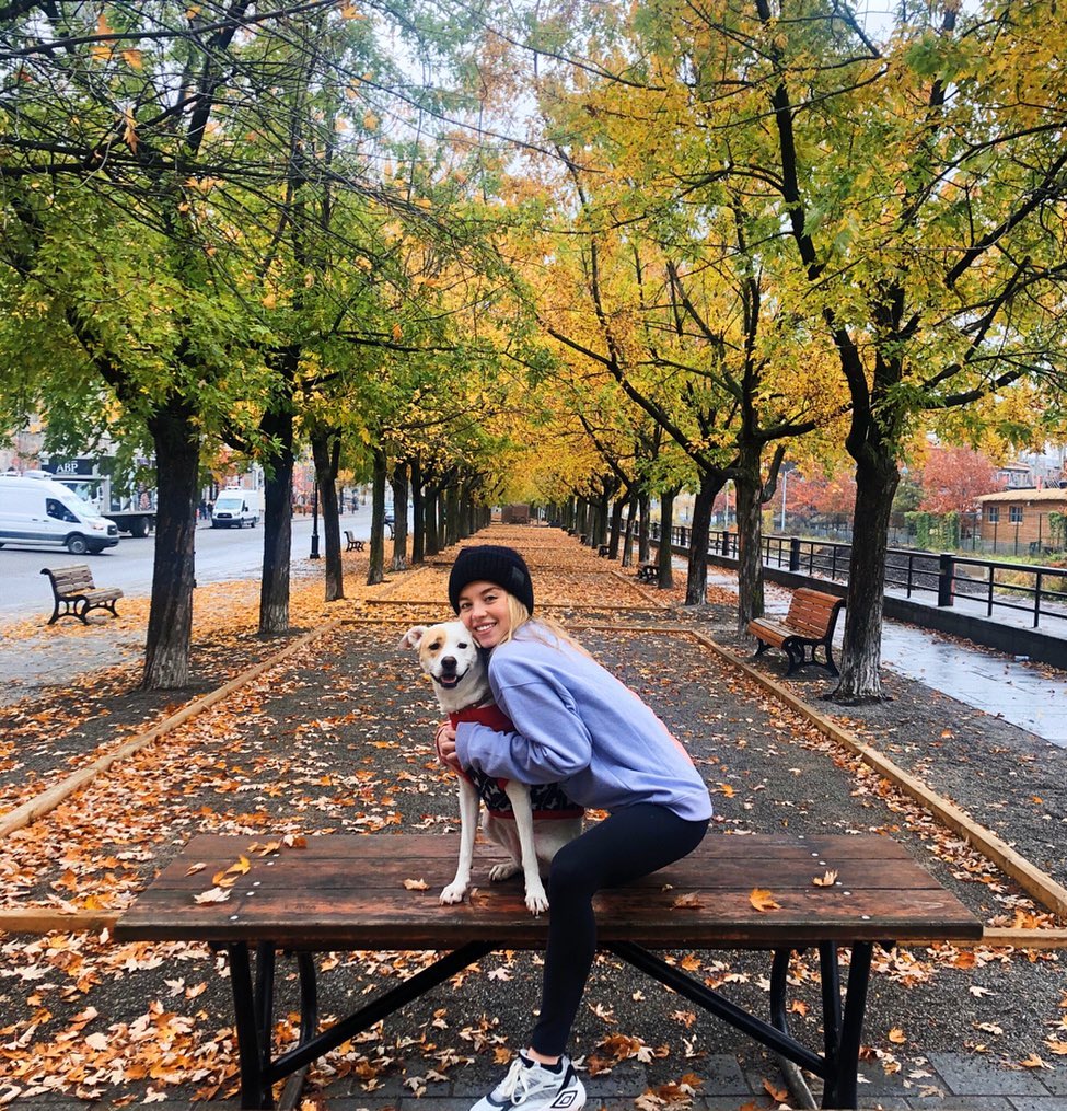 the image shows a young woman with a light brown and white dog sitting on a wooden picnic table in a park. the park is lined with trees displaying vibrant autumn foliage of yellow, orange, and brown leaves covering the ground. the woman is wearing a black beanie, a light purple sweater, black leggings and white sneakers. she is hugging her dog affectionately. the overall scene is one of autumnal beauty and a heartwarming moment between a pet owner and their dog. the background shows a paved pathway lined with trees and a hint of buildings and a canal in the distance. the overall atmosphere is peaceful and serene.