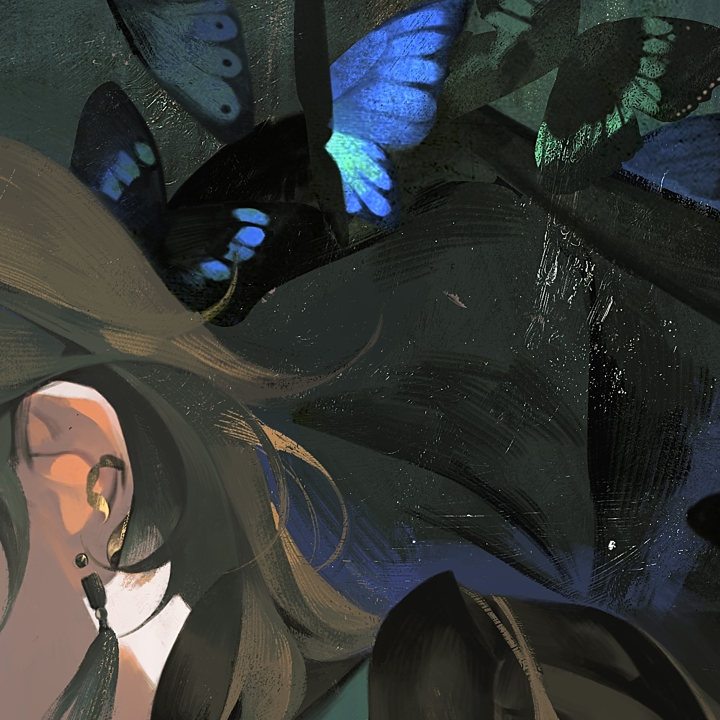a woman with long brown hair is surrounded by blue and green butterflies. the image is dark and abstract, with a mysterious and surreal feel. the woman's face is partially obscured, adding to the sense of intrigue. the butterflies are intricately detailed, and their wings seem to be painted with strokes of light. the overall effect is one of beauty and mystery, with the butterflies serving as a metaphor for the woman's own inner beauty and power.