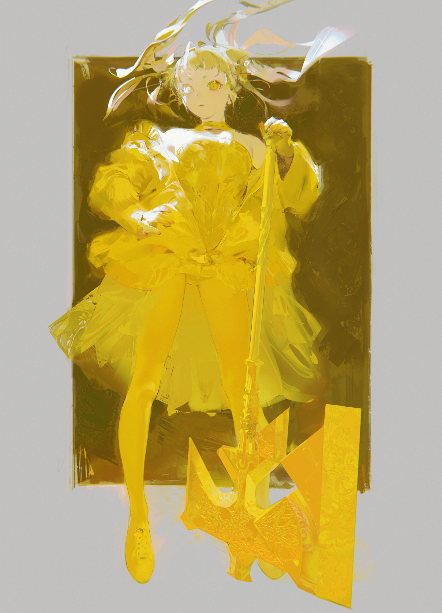 the image is a digital painting of a stylized animestyle female character. she is predominantly rendered in shades of yellow and gold, creating a monochromatic yet vibrant effect. the character has long, flowing hair that appears to be windswept.  she is wearing a flowing yellow dress and holds a large, ornate halberd or axelike weapon. the background is a dark yellow/gold, and the overall style is painterly and loose, emphasizing mood and movement rather than precise detail. the artwork conveys a sense of energy, power, and perhaps even a touch of fantasy.