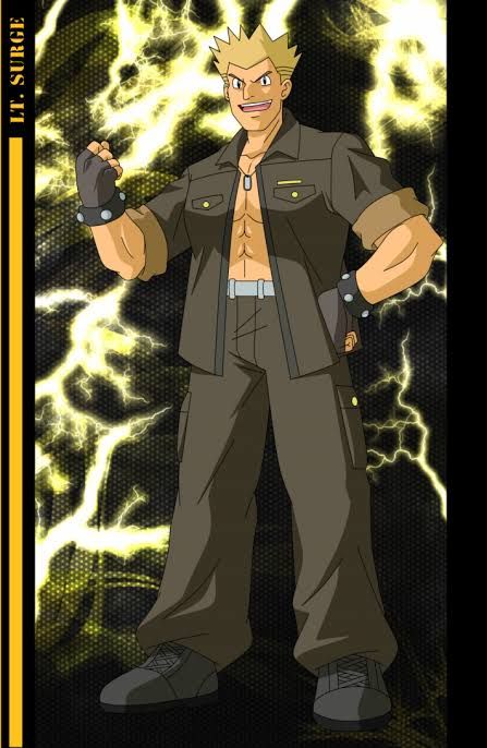a man with blond hair and brown eyes, wearing a brown jacket, pants, boots, and black gloves is standing in a pose with his arms outstretched. he is wearing a silver belt and a silver necklace with a round pendant. there are yellow electric bolts behind him. he is wearing a name tag that says "lt. surge".