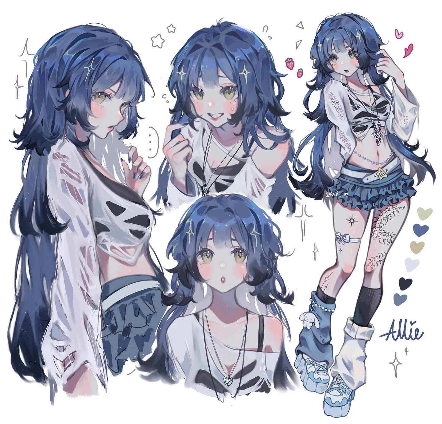 the image is a digital artwork showcasing a character design named allie.  the artwork features multiple illustrations of allie in different poses and expressions, from closeups of her face to a fullbody shot showing her clothing and tattoos.  allie has long, blue hair, and she is depicted in various casual outfits with a mix of cute and stylish elements. the overall style is soft, pastelcolored, and reminiscent of anime and manga art. the multiple views and expressions help to fully illustrate her personality and character design.  there are also small details like hearts and stars scattered around the image to add a lighthearted and whimsical feel.
