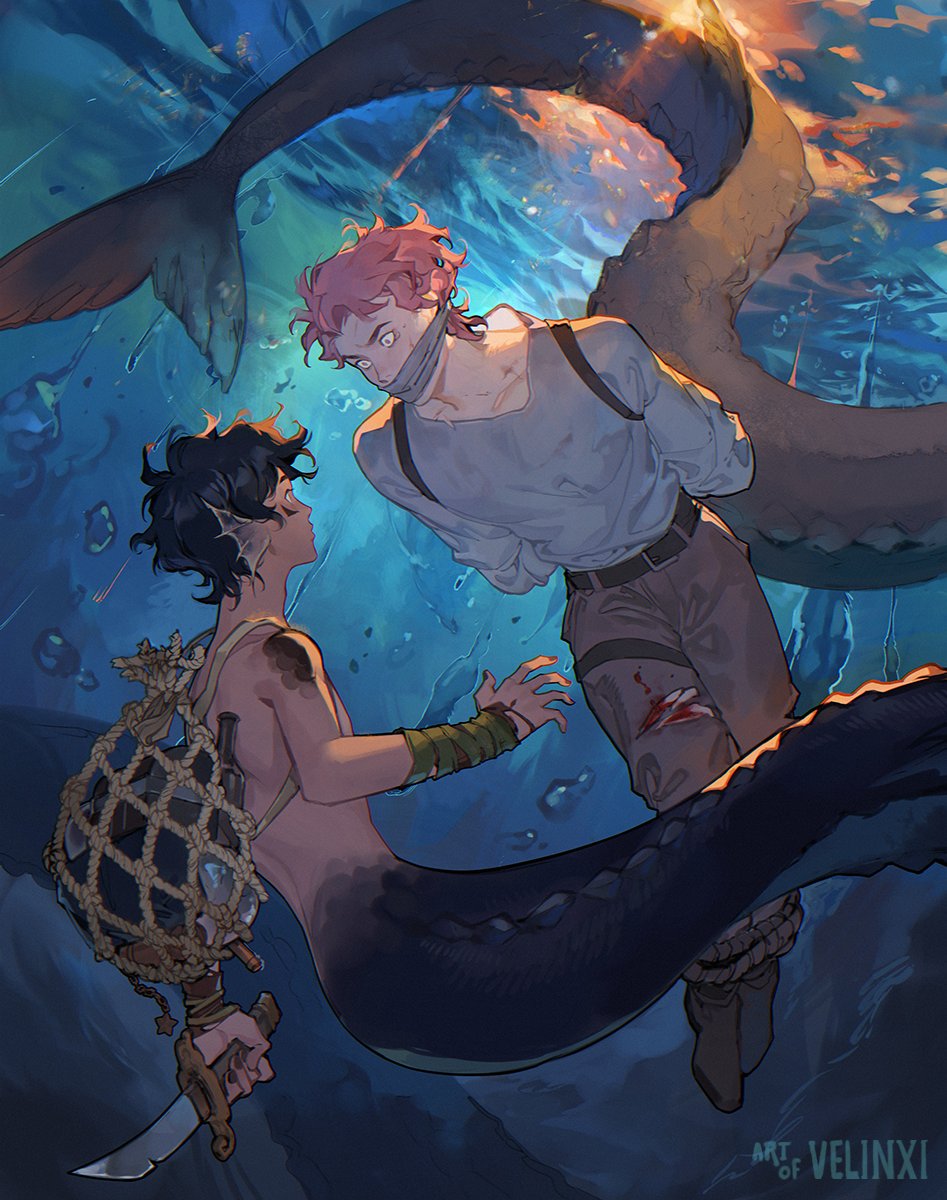 an artistic illustration depicts a merman encountering a bound human underwater. the merman, with dark hair and a scaly dark tail, holds a knife and appears to be reaching out towards the human. the human is tied up, with rope and cloth binding their mouth, suggesting they are a captive. an octopus and seaweed are visible in the scene, emphasizing the underwater setting. the man has blood on his leg, a light shirt, and is wearing pants. he also has suspenders. the ocean floor is visible in the distance and there is light reflecting in the water.