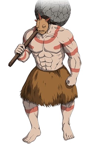 the image is of an anime character, a male barbarian warrior. he is muscular and primitive, wielding a club made of stone. he wears a mask with red accents, a brown loincloth made of fur, and has red stripes painted on his body. he is barefoot. the character's expression is fierce and determined. the background is white.
