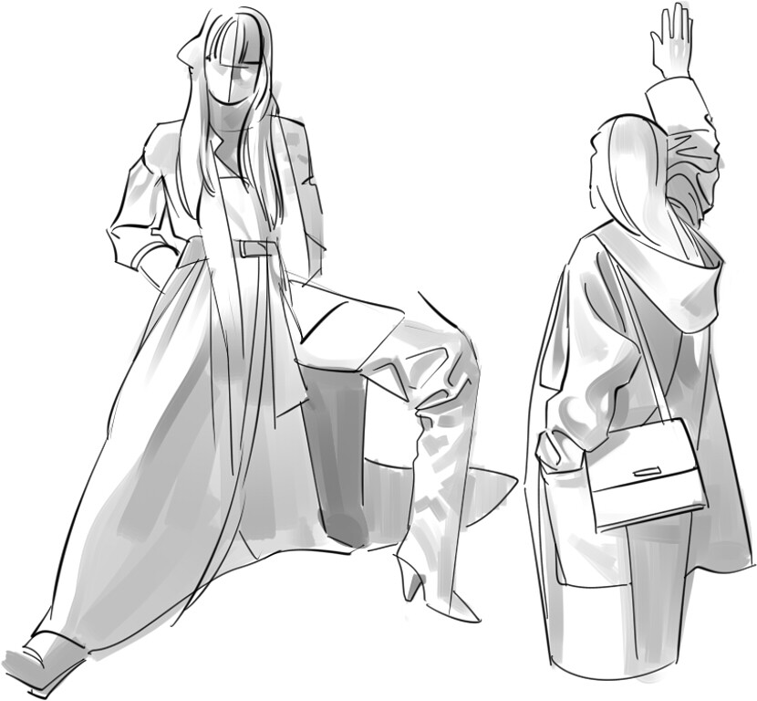 the image shows a black and white fashion illustration of two women. the first woman is sitting with her left leg extended. her right hand is in the pocket of her long coat.  the second woman is standing with her right arm raised. she is wearing a hooded coat over a dress. she's carrying a shoulder bag.  both illustrations are drawn using simple lines without any color or shading.