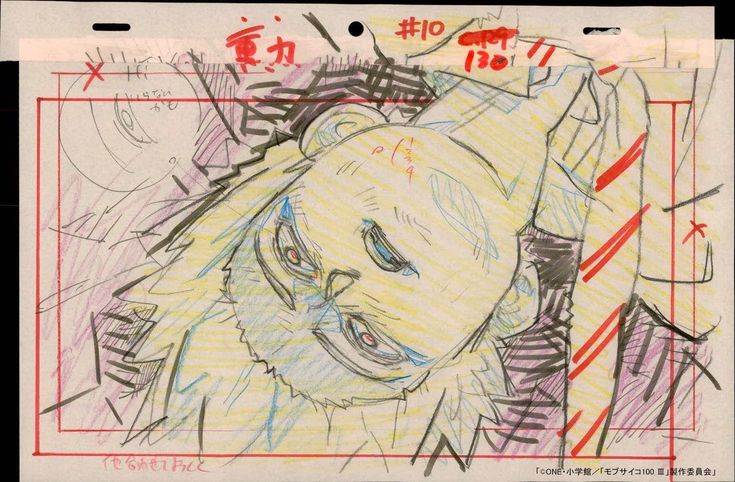 a closeup shot of a rough storyboard sketch of a character from the anime "mob psycho 100". the sketch is done in pencil, with some parts highlighted in colored pencil. the character is drawn in a dynamic pose, with their face contorted in a grimace. the sketch is surrounded by notes and other markings, indicating the various elements of the scene being planned. this image provides a glimpse into the creative process behind anime production.