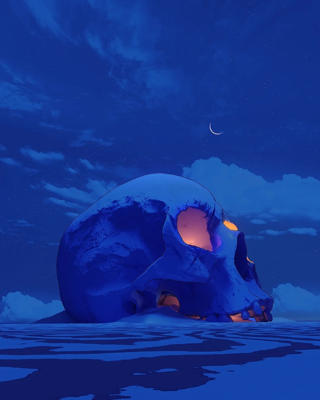 the image depicts a massive, blue skull partially submerged in a calm, dark blue body of water. the sky above is a deep blue, dotted with stars and a crescent moon.  the skull's eye sockets glow with a warm, orange light, providing a stark contrast to the cool blue tones of the scene. the overall atmosphere is surreal and mysterious, evoking a sense of vastness, loneliness, and the enigmatic nature of the cosmos. the style appears to be digital art with a stylized, almost painterly quality.