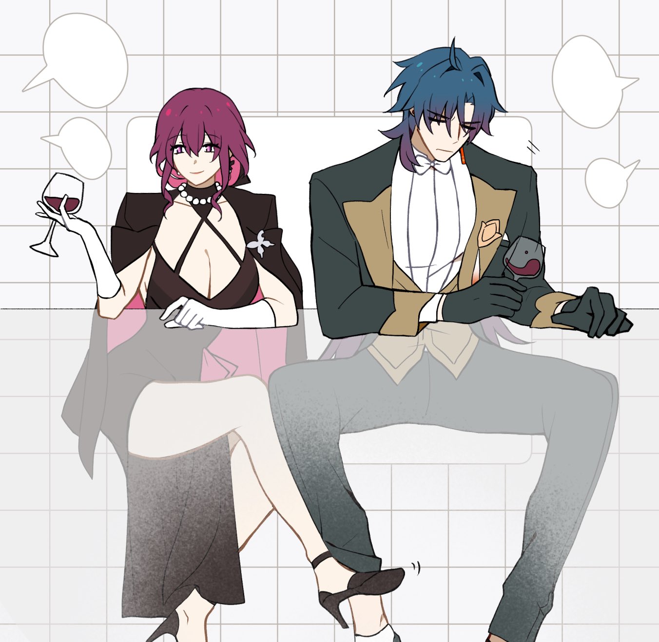 the image features an anime couple sitting at a table, enjoying wine. the female is wearing a black dress with a pink shawl and has long purple hair. the male is wearing a black suit with a white shirt and has blue hair. they are both looking at the wine glasses in their hands and seem to be enjoying their time together. the image has a romantic and elegant feel.