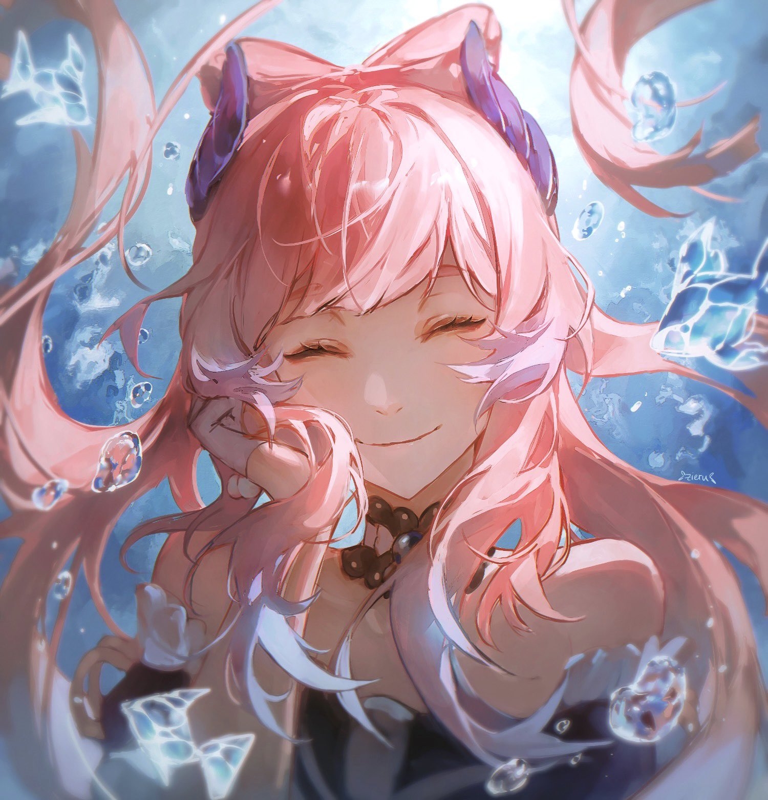 the image is a digital painting of a young anime girl with long, flowing pink hair. she is depicted underwater, surrounded by bubbles and translucent, crystalline objects.  her eyes are closed, and she has a serene, happy expression. she wears a dark choker necklace and a dark outfit partially visible under her hair. a large pink bow adorns her head. the overall style is soft, dreamy, and ethereal, with pastel colors and a focus on light and movement. the artwork conveys a sense of peace and tranquility.