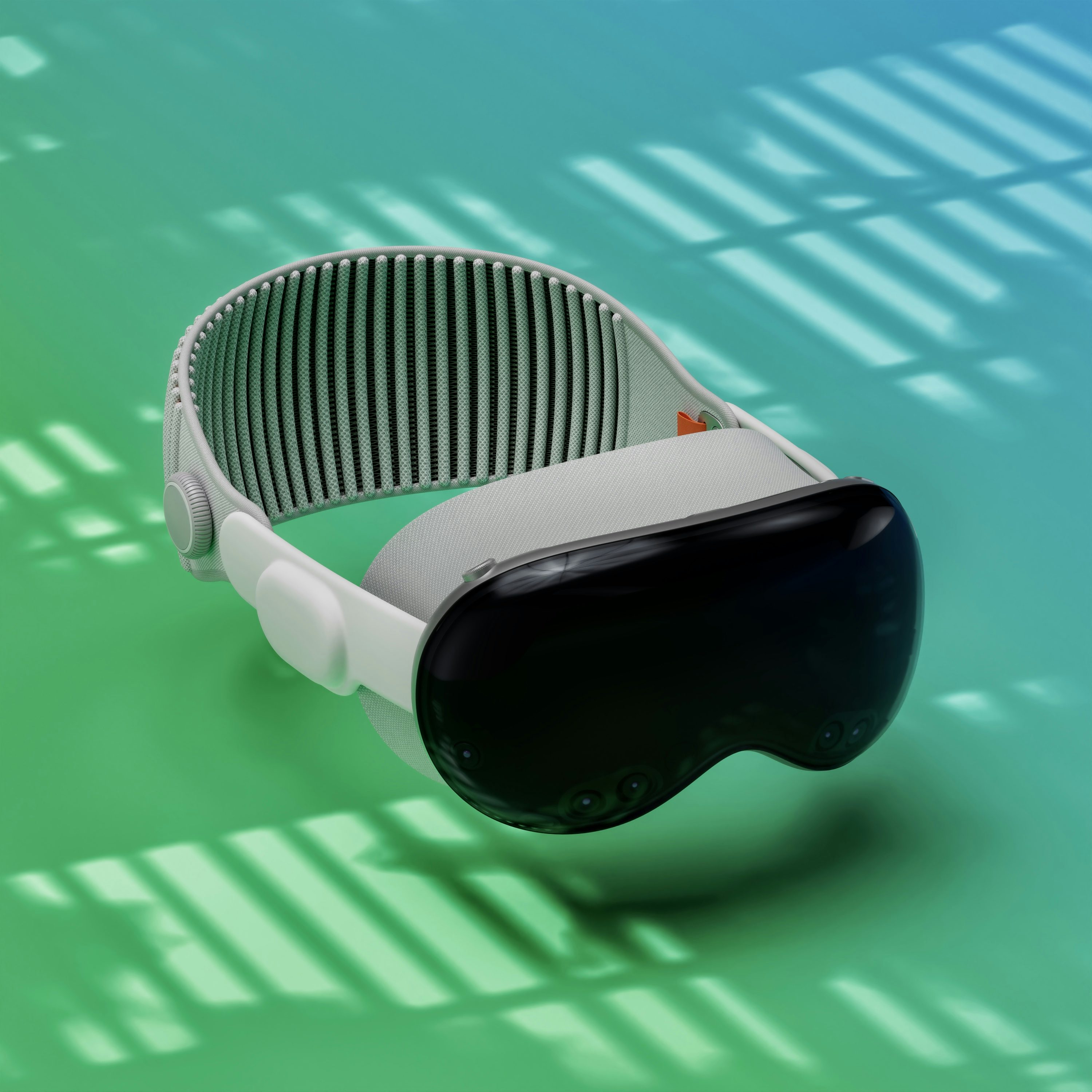 an image shows a white vr headset with a black visor on a green and blue gradient background with shadows from what looks like window blinds.