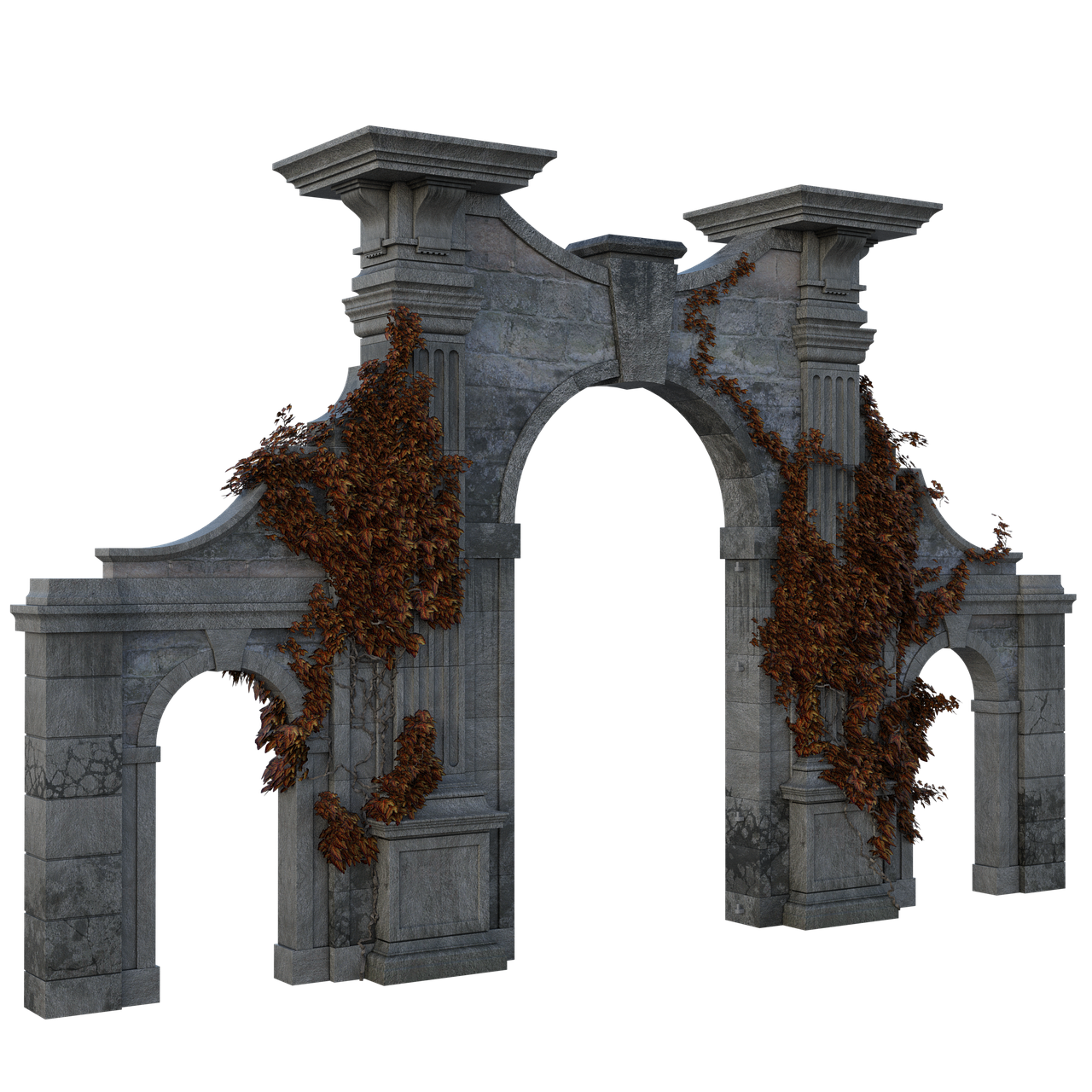 the image shows a stone archway overgrown with vines against a black background. the archway appears weathered and aged, suggesting it is part of some ruins or a historical monument. the construction is architectural with stone pillars and a central arch. vines are heavily covering the archway, creating a sense of mystery and decay. there are smaller archways on each side.