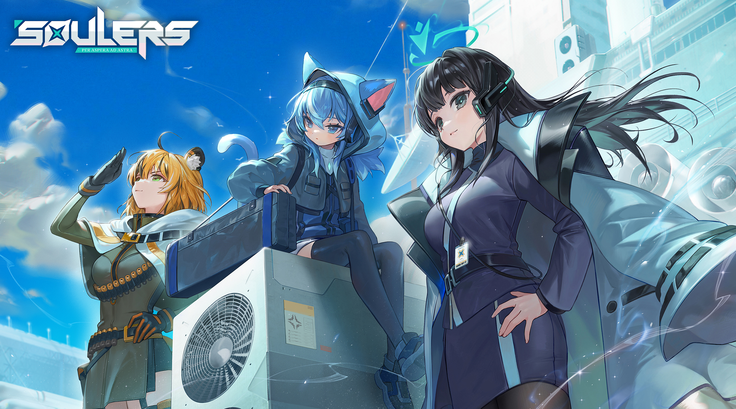 the image is a vibrant digital artwork showcasing three animestyle girls in futuristic attire. the girls are positioned against a backdrop of a futuristic city and a bright, cloudy sky. one girl has cat ears and a blue hooded jacket, another has blond hair and what looks like a militarystyle uniform and the third girl has long dark hair and a sophisticated dark blue uniform with a long coat. they appear to be ready for some sort of mission, with some carrying equipment. the overall style is suggestive of a video game or anime series with themes of science fiction, adventure, and action.  the title "soulers: per aspera ad astra" is prominent at the top, hinting at a game or series name and motto.
