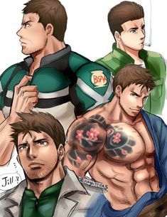the image features four male characters drawn in a stylized, semirealistic anime style. they are shirtless or partially clothed, highlighting their muscular physiques. one character has a prominent tattoo of cherry blossoms.  the style and details suggest they are from a video game or similar media.
