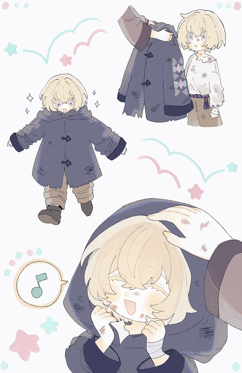 he image is a digital drawing featuring a blondehaired child character in various stages of receiving a worn coat.  the first panel shows a hand offering the slightly tattered coat. the second panel shows the child happily wearing the coat. the third panel shows a hand gently stroking the child's head while they're wearing the coat, their face showing joy and contentment. soft pastel colors and whimsical elements like stars and birds create a lighthearted and tender atmosphere. the overall style is reminiscent of anime or manga, with soft lines and expressive character features. the scene evokes a feeling of warmth, care, and simple happiness.