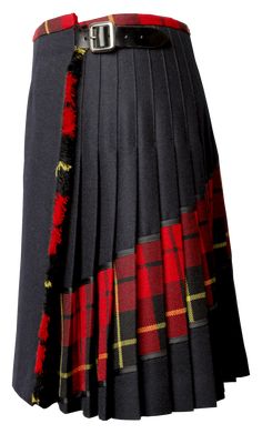 this image shows a black kilt with red and green plaid, and a black belt. it is a traditional garment that is worn by men and women in scotland and ireland.