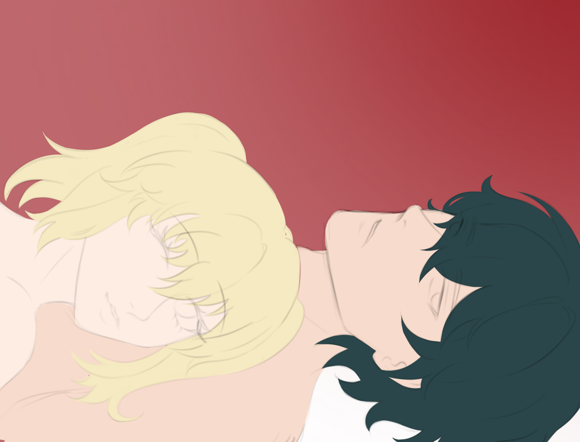 the image is a digital drawing in a minimalist style, reminiscent of anime or manga art. it depicts a young man and woman asleep, lying close together. the woman has blond hair and is resting her head on the man's chest.  the man has dark teal hair. their faces are soft and peaceful. the background is a muted red, creating a warm and intimate atmosphere. the overall style is simple, with soft lines and pastellike coloring, focusing on the emotion and closeness of the couple.