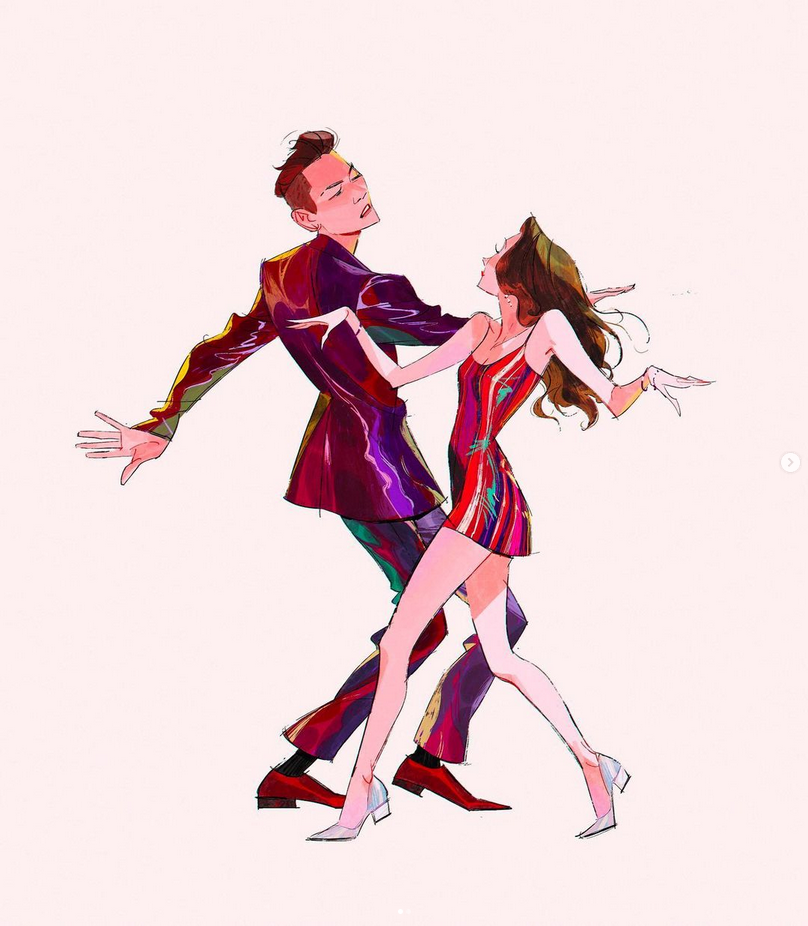 a digital illustration of a man and woman dancing together. the man is wearing a suit and the woman is wearing a red dress. they are both smiling and look happy to be dancing together. the illustration is done in a bright and colorful style and is set against a white background.
