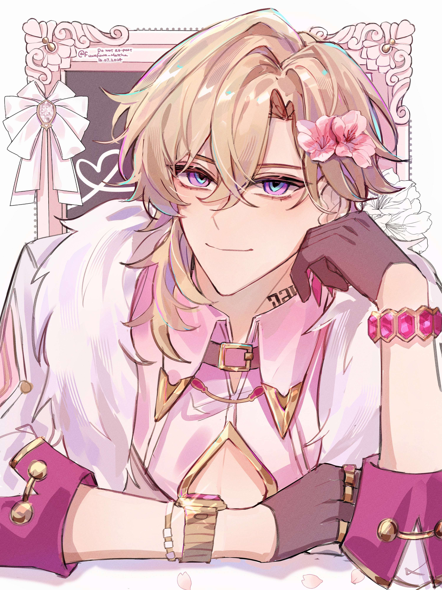 an anime character is sitting with their arms crossed and smiling. the character is a young man with long blonde hair, they have a flower tucked behind their ear and are wearing a pink and white outfit with a watch and gloves. the background is a pink frame with a white ribbon.