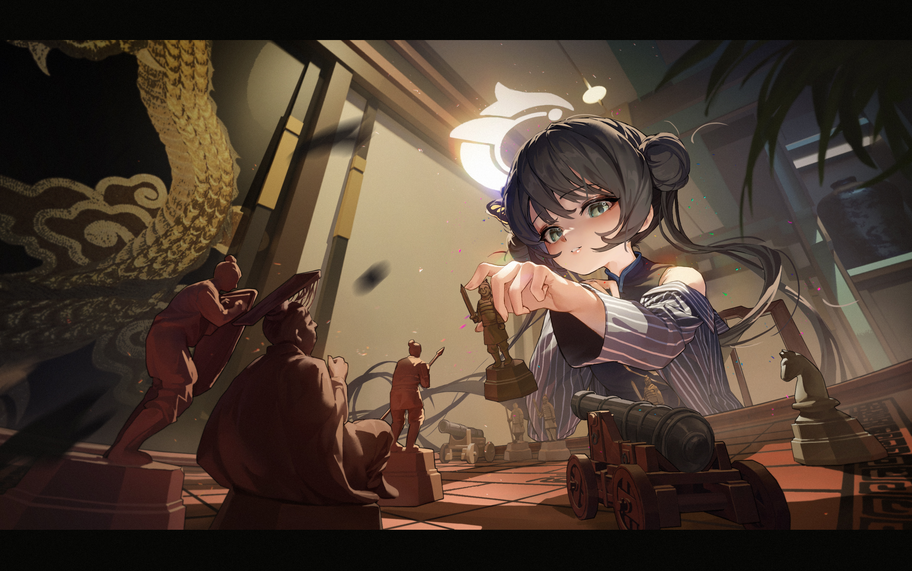 the image depicts a large anime girl with dark hair styled in buns, dressed in a striped, chinesestyle shirt, playing a game of chess.  she is positioned above a large chessboard, dwarfed only by the scale of her own size.  the chess pieces are miniature figures representing soldiers, cannons, and other military elements, suggesting a battle strategy game. the setting is a dark and elegant room with traditional chinesestyle décor visible in the background.  the overall style is a blend of fantasy and realism, with a focus on the contrast between the giant girl and the small chess pieces.  the artwork is highly detailed, with a polished digital painting style.
