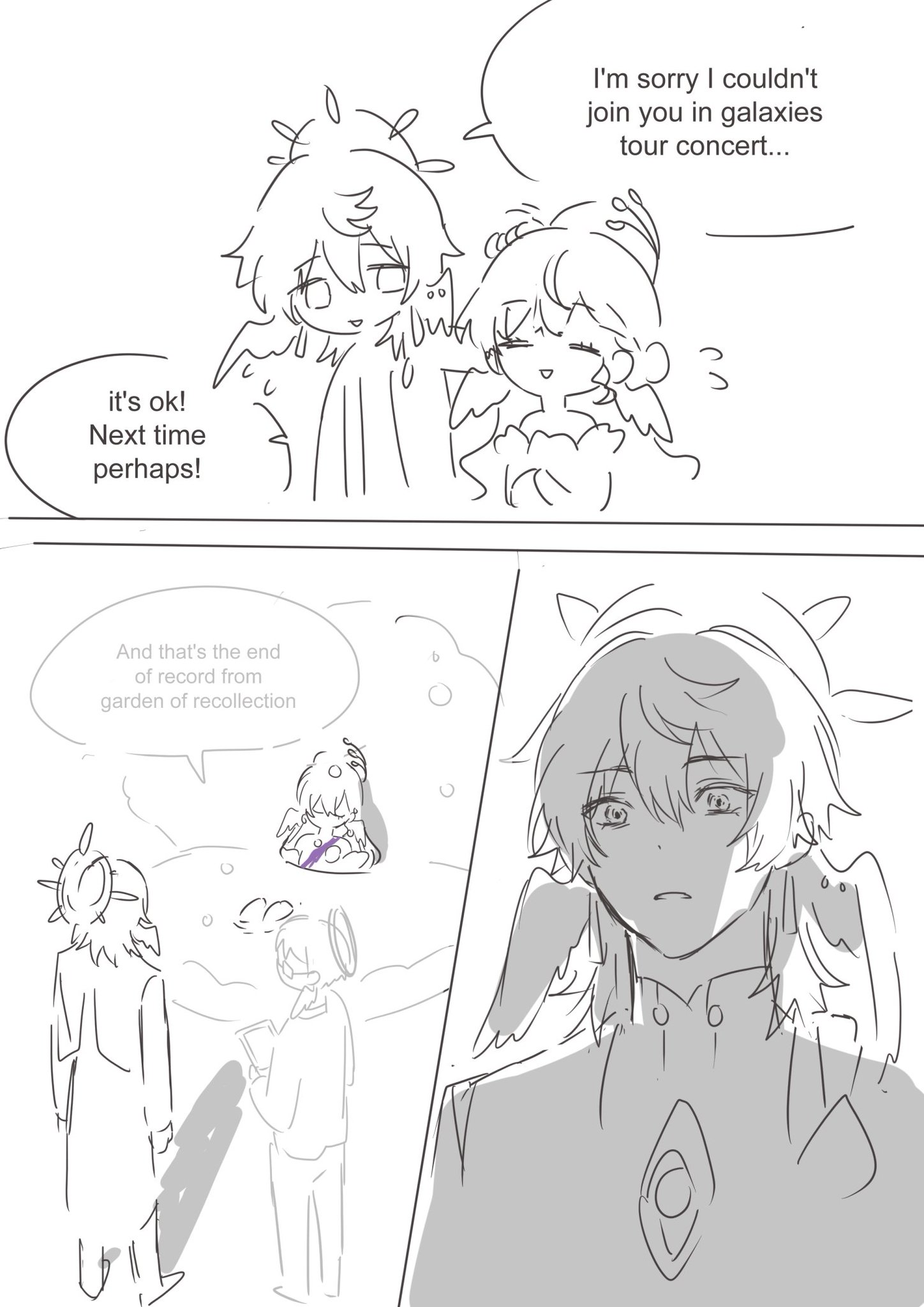 the image is a comic strip with several speech bubbles. the first frame features two angels. the angel on the left is a boy with curly hair, and the angel on the right is a girl. the girl is saying, "i'm sorry i couldn't join you in galaxies tour concert...". the boy says, "it's ok! next time perhaps!". the second frame features a boy in the background. the boy has wings and is wearing a uniform and a tie. the boy is sad, and the thought bubble is "and that's the end of record from garden of recollection".