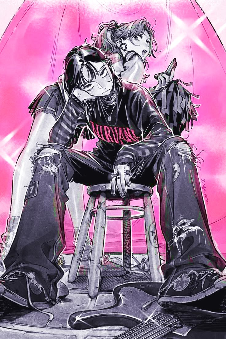 the image is an animestyle illustration featuring a teenage boy and girl in a dynamic scene. the boy, with black hair and a bored expression, is sitting on a stool wearing a nirvana shirt and ripped jeans. a guitar lies near his feet. behind him is a teenage girl in a school uniform, holding a pompom. the background is a vibrant pink.