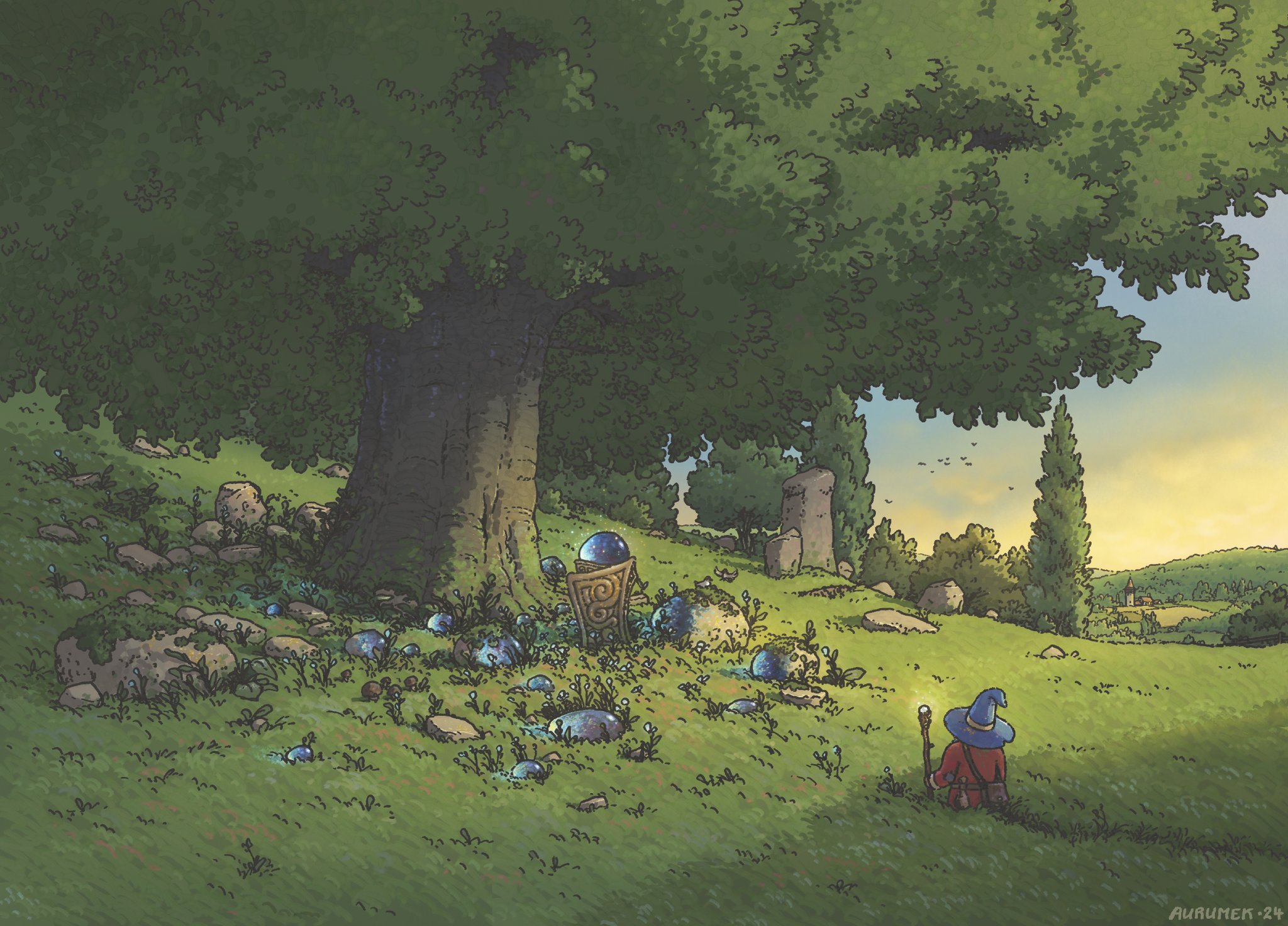 a wizard with a long blue hat sits under a large tree in a grassy field, contemplating a collection of glowing blue crystals surrounding an ornate staff. ancient ruins dot the landscape, suggesting a lost civilization. in the distance, a picturesque village is nestled among rolling hills, bathed in the warm light of the setting sun. the overall atmosphere is one of tranquility and mystery.