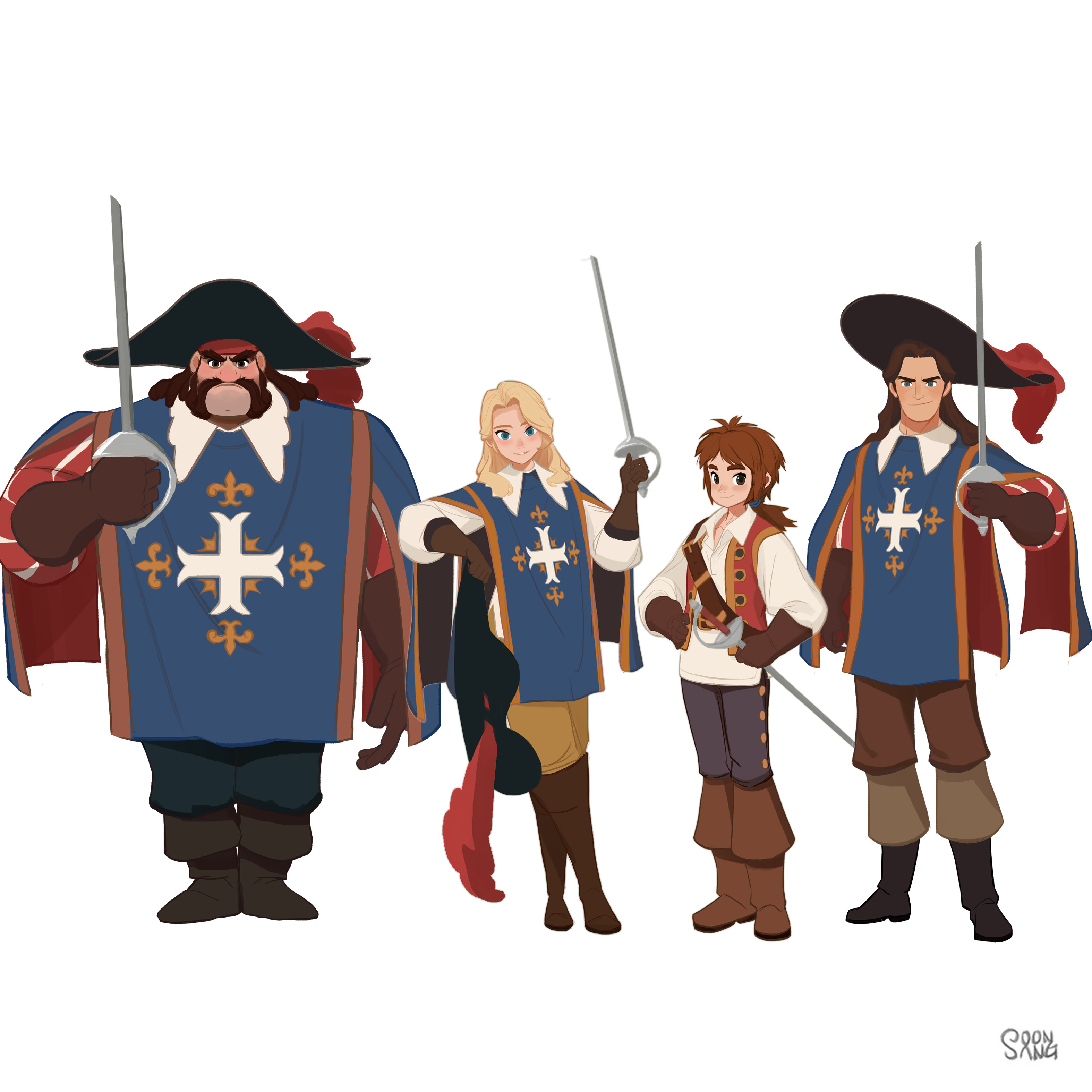 the image shows four characters dressed as musketeers, each carrying a sword. they appear to be posing together.  the art style looks like a cartoon or animated film.  the background is a plain white.