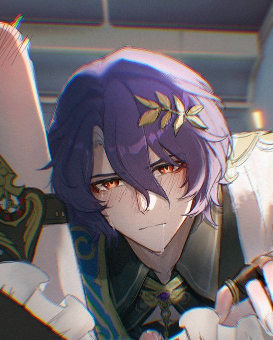 the image is a closeup digital fanart depicting a male anime character. he has vibrant purple hair with a gold leaf adornment, and red eyes that appear slightly teary and bloodshot. his expression is one of sadness and vulnerability; his cheeks are flushed, suggesting blushing or emotional distress. he wears elaborate, detailed clothing suggestive of fantasy or a game setting (potentially genshin impact given stylistic similarities). the character is positioned in a way that suggests intimacy or a moment of emotional closeness, with hands visible in the foreground, seemingly interacting with him. the art style is soft and somewhat painterly, with a focus on detail in the character's hair, clothing, and emotional expression.  the background is blurred and out of focus, drawing attention to the character in the foreground. there is also a slight glitch or filter effect visible on the image.