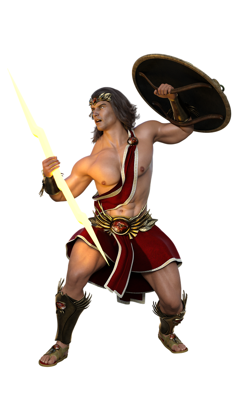 a digital illustration of zeus, the greek god of thunder, standing in a heroic pose against a black background. he is muscular and wearing sandals, armor, and a red toga with gold trim. zeus holds a glowing thunderbolt in his left hand and a shield in his right. he has long brown hair and a gold headband.