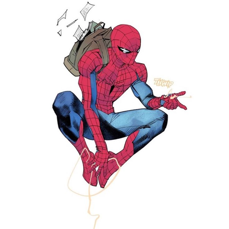 a colorful illustration of spiderman midair in a red and blue suit, shooting a web from his wrist. he is wearing a backpack and is in midair, possibly swinging on a web between buildings.
