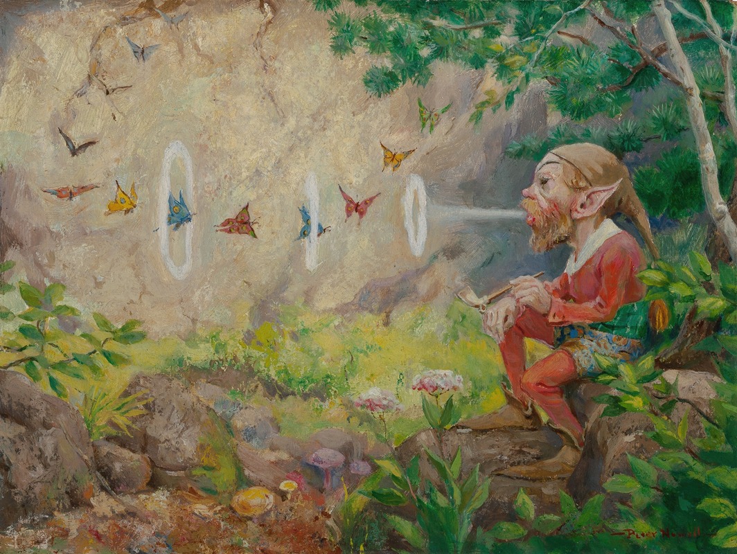 a whimsical painting depicts an elf sitting on a rock in a forest, smoking a pipe. butterflies fly through what appears to be magical smoke rings emanating from the pipe. the forest is lush and colorful with mushrooms and flowers at the base of the image. the art style is illustrative and evokes a sense of fantasy and magic.