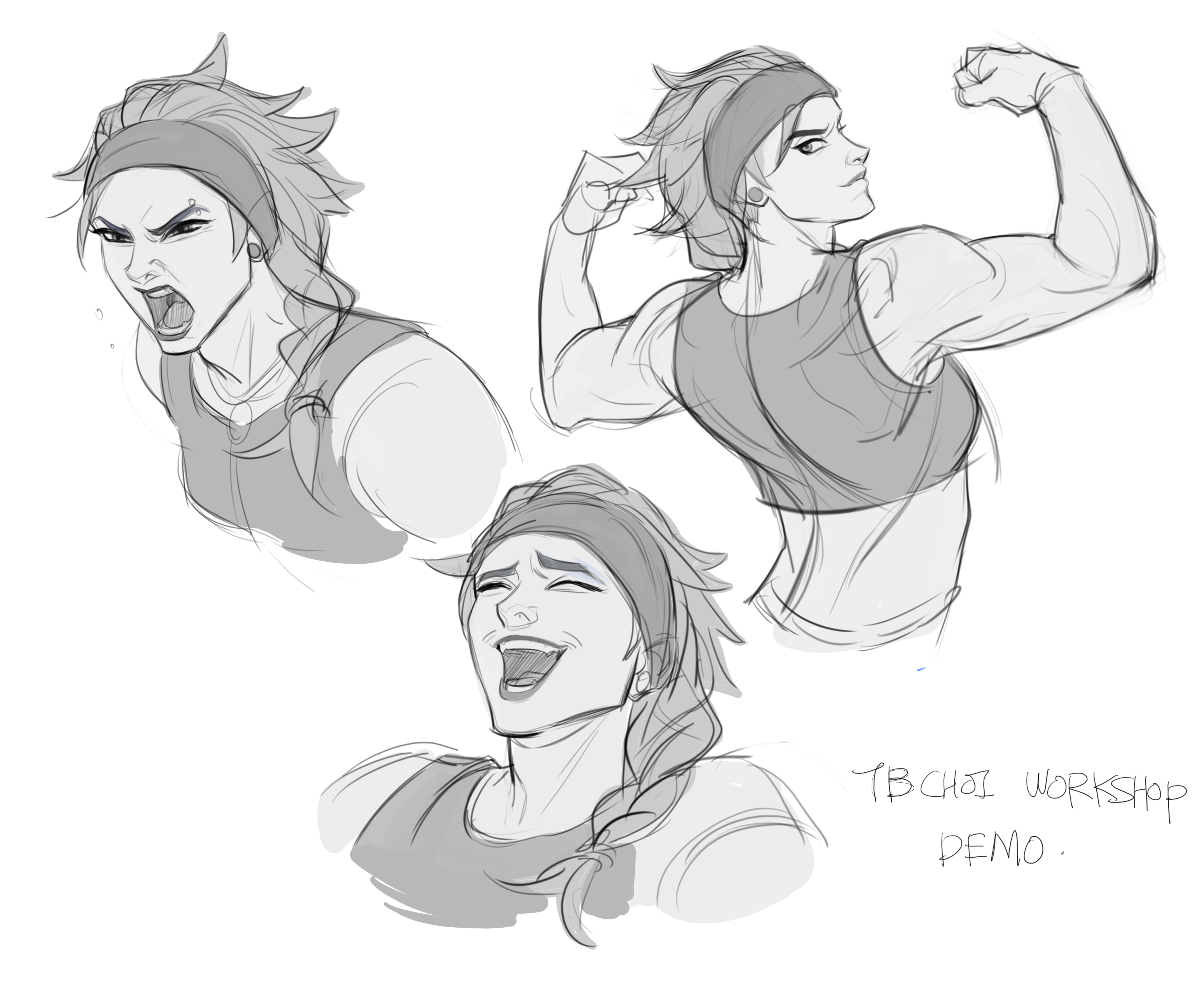 he image contains three sketches of a female character in various poses and expressions.  the style is loose and dynamic, indicative of a quick character design or workshop demo. one sketch shows her with an angry expression, another shows her flexing her muscles, and the third captures her laughing.  all three sketches share similar features:  short hair, a headband, and a sleeveless top.  the style is consistent, using light pencil strokes and shading to convey form and movement. the artist's signature "tb choi workshop demo" is included in the bottom right.