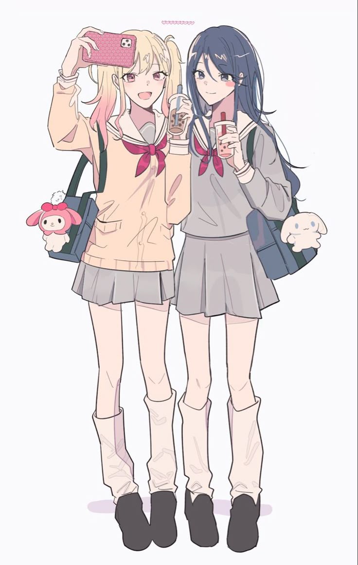 two anime girls in school uniforms take a selfie while holding boba drinks. the girl on the left has blonde hair in pigtails and is wearing a pink cell phone case. she has a my melody plushie attached to her bag. the girl on the right has dark hair and a cinnamoroll plushie attached to her bag. both girls are wearing school uniforms with skirts.
