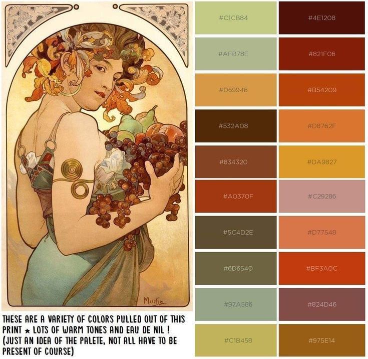 an image showing a painting in the art nouveau style, reminiscent of alphonse mucha's work. the painting features a woman holding a basket of fruit, including grapes, and is surrounded by decorative elements. to the right and below the painting are a series of color swatches with their corresponding hexadecimal color codes, representing the color palette extracted from the artwork. the text below the painting states that these are a variety of colors pulled out of the print, emphasizing warm tones and "eau de nil" (a pale green color), and clarifying that this is just an idea of a palette, not that all colors have to be present.