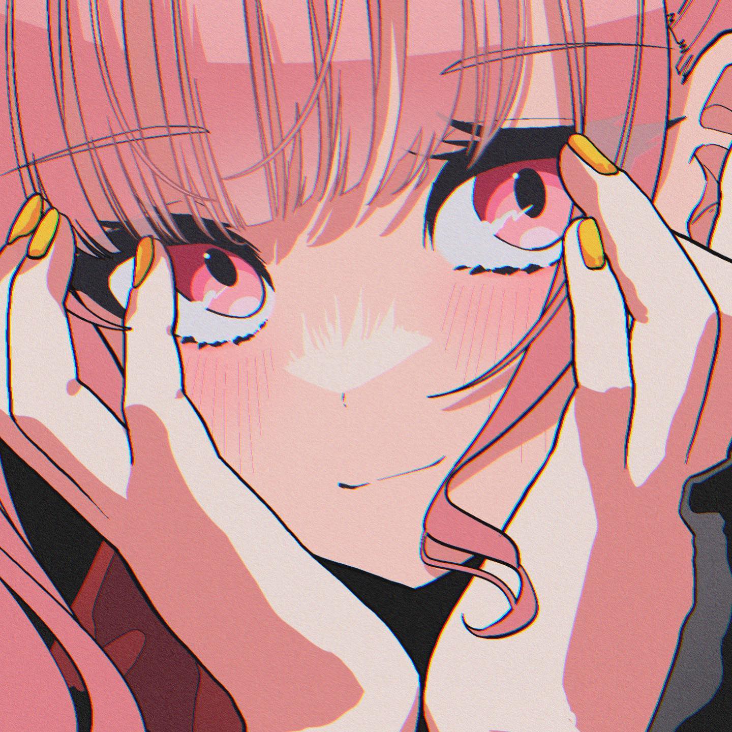 a closeup illustration of an anime girl with pink hair. she's blushing and her hands are covering her face, partially obscuring her eyes.  her nails are painted yellow. the art style is vibrant and stylized, with a focus on soft colors and expressive features. the overall mood is cute and shy.