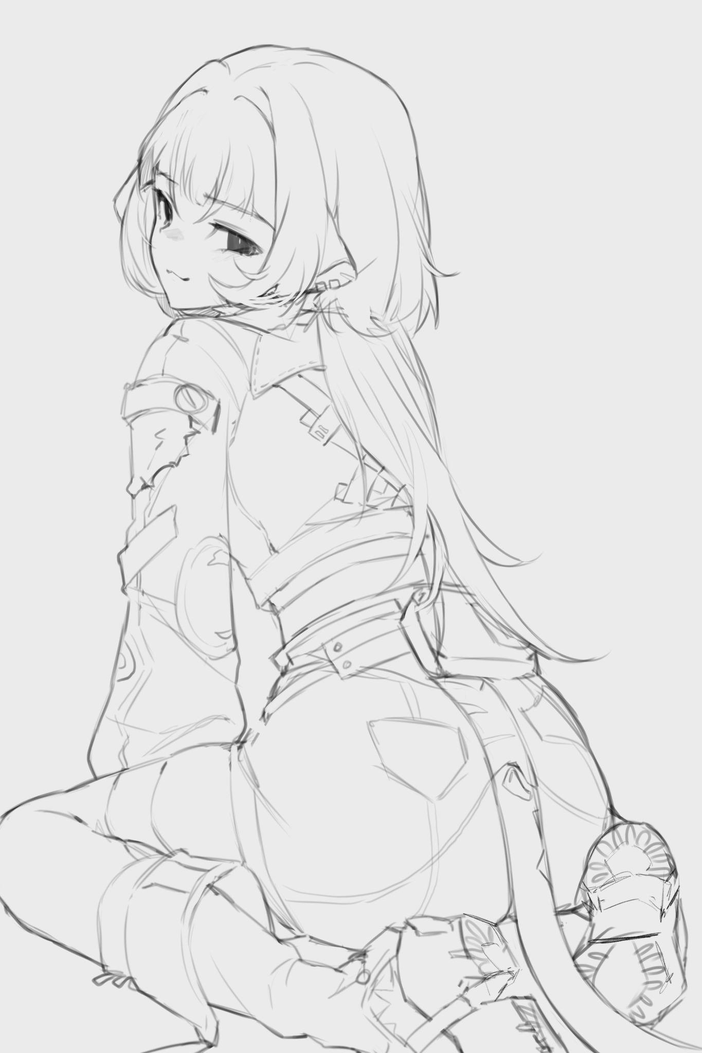 the image is a pencil sketch or digital drawing of an animestyle girl. she is sitting with her back to the viewer, her head turned slightly to look over her shoulder. she has long hair and is wearing casual clothing that appears to include a jacket and pants. the style is loose and sketchy, with visible pencil strokes or brushstrokes. the overall feel is light and expressive. the background is plain and light gray, allowing the figure to stand out.